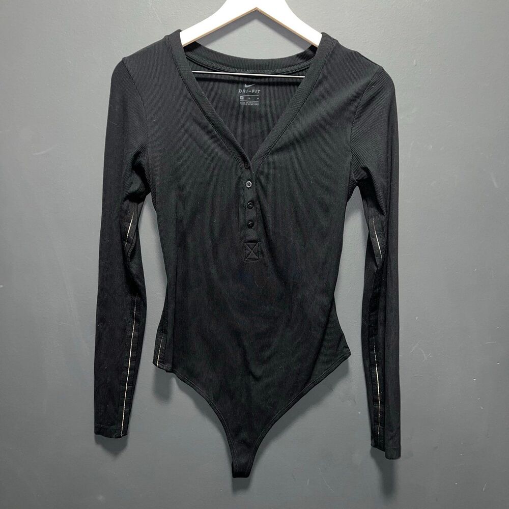 Nike Yoga Luxe Henley Black Bodysuit Womens Medium Black Long Sleeve